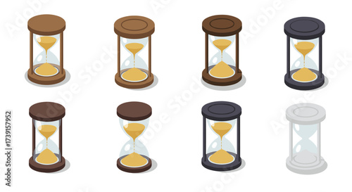 Isometric set of hourglasses in various colors on white background
