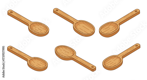Set of wooden spoons in isometric style with light wood texture