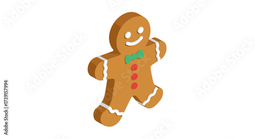 Festive gingerbread man with bow tie in isometric style