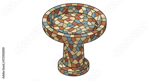 Colorful mosaic bird bath in 3d isometric style with abstract geometric patterns