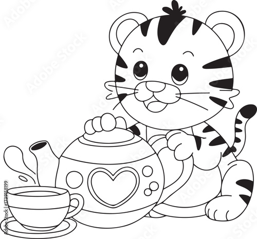 Cute Kawaii Tiger with Teapot and Teacup Line Art – Adorable Animal Tea Time Coloring Page Illustration