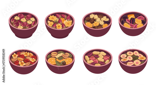 Assorted dried flower potpourri in bowls with decorative elements