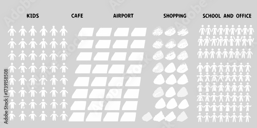 Visual representation of people in different public spaces like kids play areas cafes airports shopping malls and offices