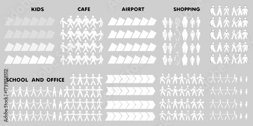 Collection of simplified human figures representing different social settings and activities like shopping cafes airports and schools