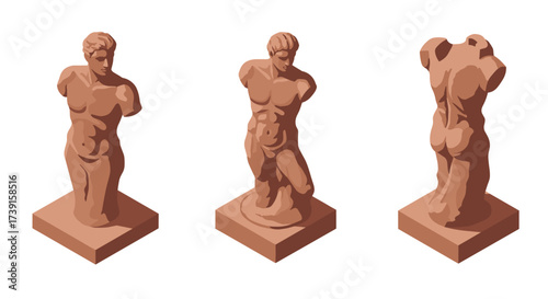 Isometric view of classical greek torso sculpture on display stand