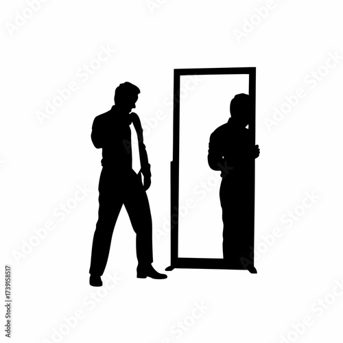 Silhouette of a man adjusting his tie in a mirror isolated on white background