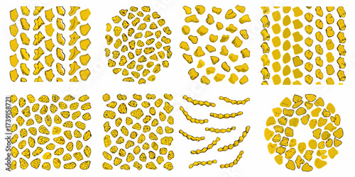 Collection of various patterns and arrangements of irregular golden nuggets and pebbles on a white background