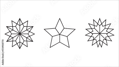 The image displays three geometric star shapes arranged horizontally against a white background. The two outer stars are identical and highly intricate, resembling snowflakes with numerous sharp point