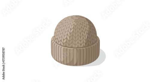 Detailed brown knit beanie hat in isometric style on white background