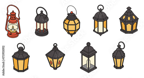 Collection of vintage lanterns in flat style for decorative design projects