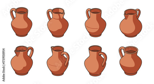 Set of hand-drawn clay pitchers with unique designs in earthy tones
