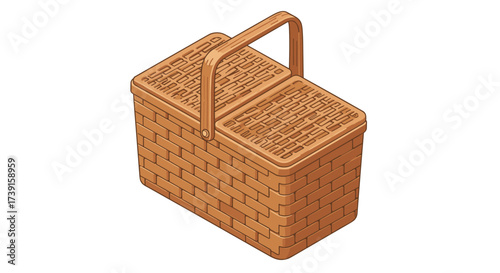 Vintage picnic basket with lid in isometric style on white background