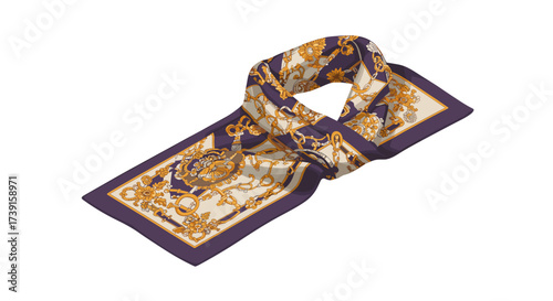 Elegant patterned silk scarf with golden chain designs on purple background