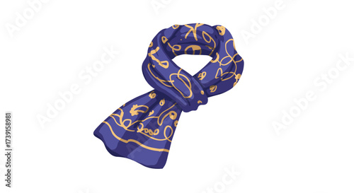 Elegant blue and gold patterned scarf on white background