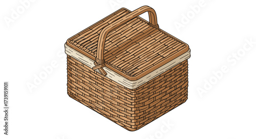 Isometric picnic basket with lid and handle woven from natural material