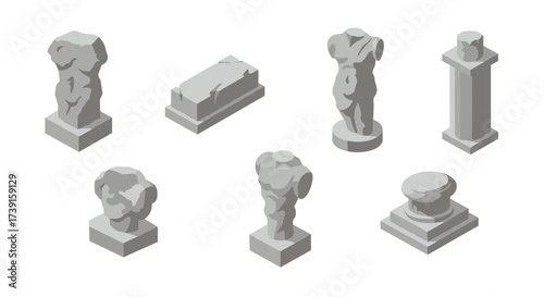 Isometric greek sculpture set: classic marble statue and column designs
