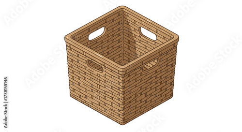 Isometric wicker basket with handles on white background