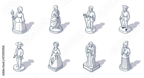 Elegant collection of historical figure statues in monochrome linear style