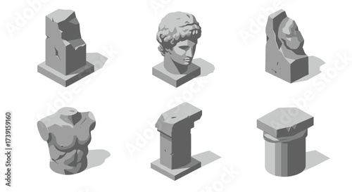 Classical sculptures set in isometric gray scale with busts and columns