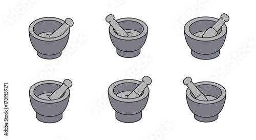 Set of six flat mortar and pestle designs for kitchens and apothecaries