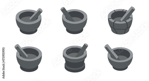 Isometric mortar and pestle variations collection on white background