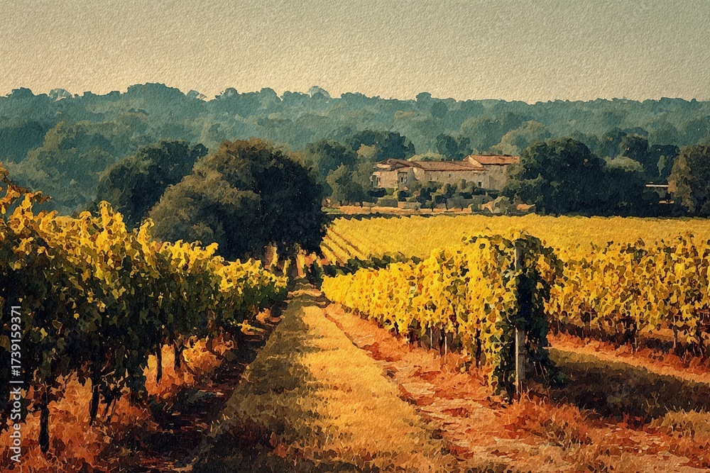 Fototapeta premium Vineyards Basking in Warm Sunlight Under a Watercolor Sky Generative AI