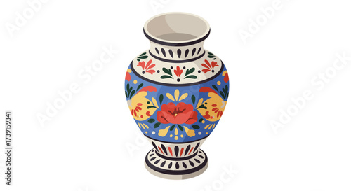 Colorful floral ceramic vase with intricate patterns on a white background