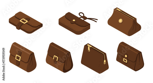 Stylish collection of isometric brown leather handbags and wallets in various designs