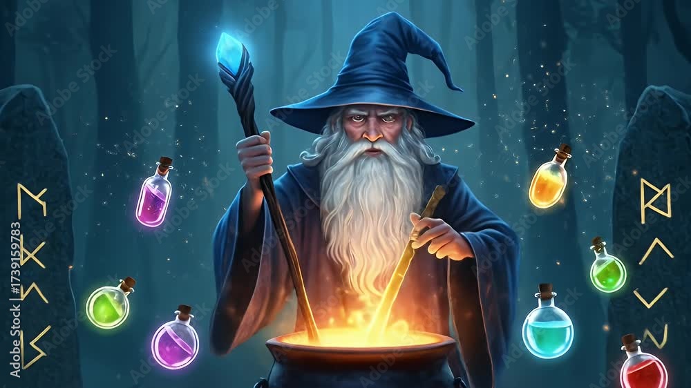 Wizard Spell Runes Mystical wizard casts a magical spell over a boiling cauldron of ...