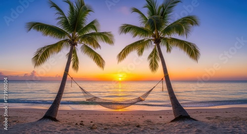 Exotic beach getaway with hammock strung between two palm trees sunset