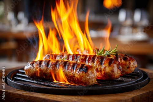 Wallpaper Mural Sausages grilling over fire with rosemary on cast iron Torontodigital.ca