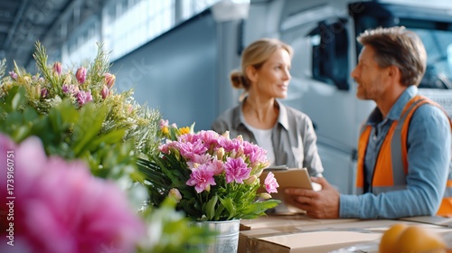 Business people discussing flower distribution at a warehouse