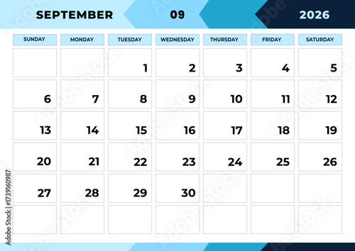 September 2026, planner monthly design. Calendar 2026, Week Starts Sunday, One Page. Design Planner Template. Print.
