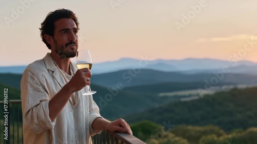 man stands on balcony holding glass of wine gazing at breathtaking sunset over mountains
