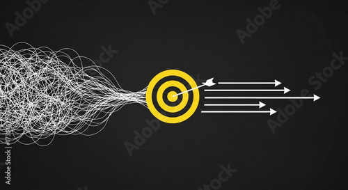 Chaos to clarity arrows hitting a target on a dark background