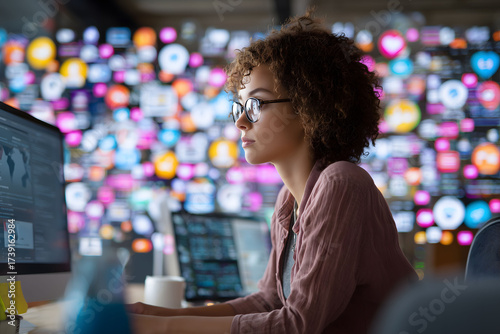Young woman working in modern office surrounded by multicoloured social media icons and data screens. Data personalisation and social media concept. 