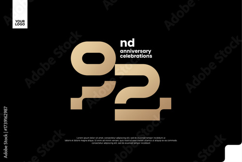 92nd Anniversary Gold Logo, Number 92 Badge Vector for Corporate Celebration