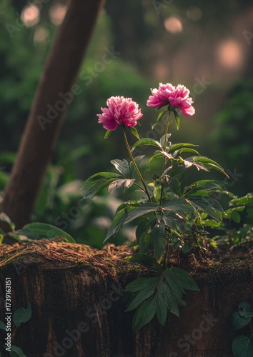 Two delicate pink peonies bloom on a mossy tree stump, bathed in soft sunlight, showcasing a serene and natural scene.