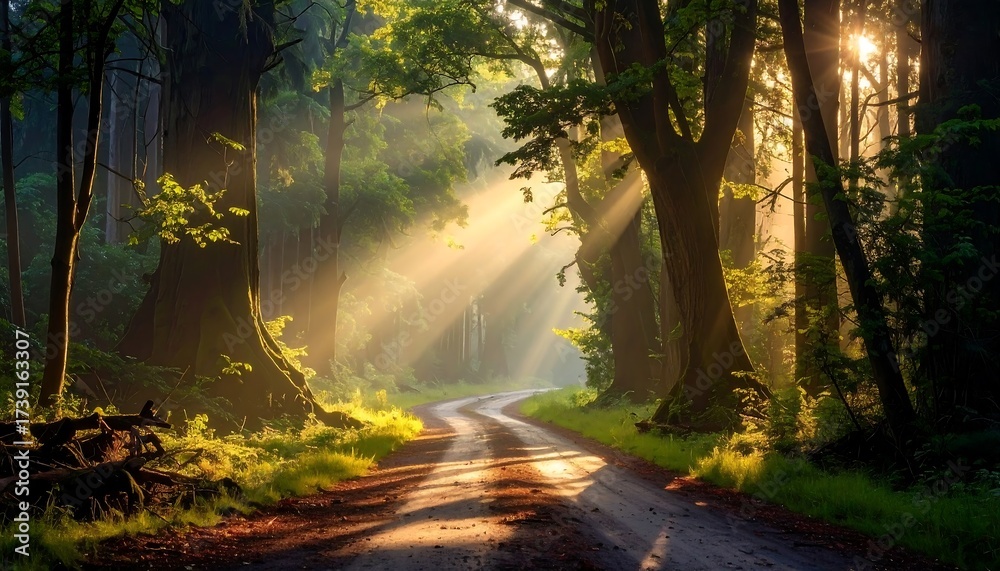 Fototapeta premium Enchanting forest scene with sunlight streaming through trees and a winding road