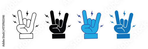 Rock on hand gesture icon set with lightning bolts, isolated on transparent background