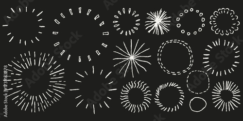 Pencil firework burst circles. White crayon drawn doodles with circular sketchy shapes, abstract round frames. Blackboard  kids drawings highlight elements for notes.