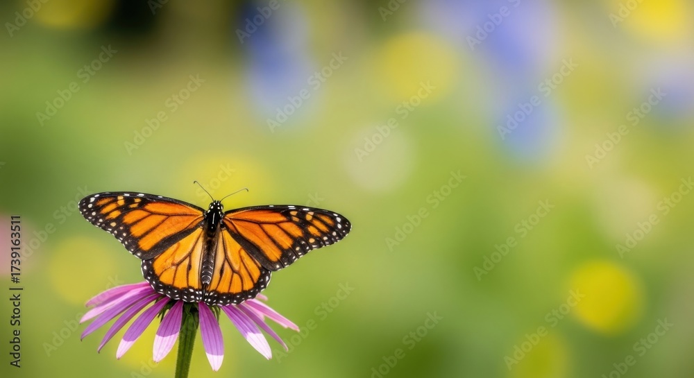 Fototapeta premium Vibrant monarch butterfly perched gracefully on a purple coneflower bloom