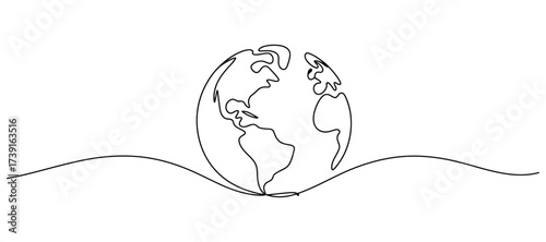 Minimalist single line drawing of planet earth isolated on transparent background, representing global connection and travel