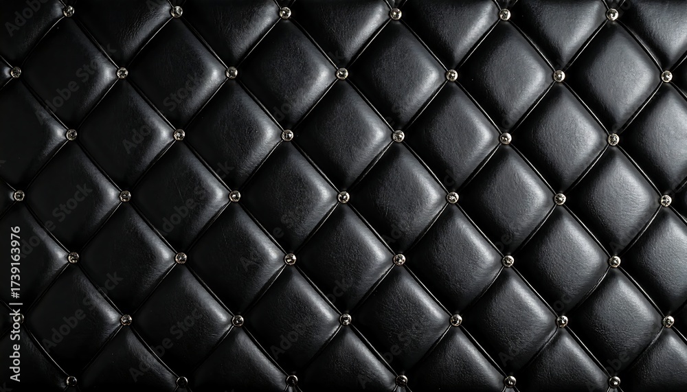 Naklejka premium Close-up of a black, quilted leather surface with diamond pattern and silver-colored stud embellishments. The texture looks smooth and luxurious