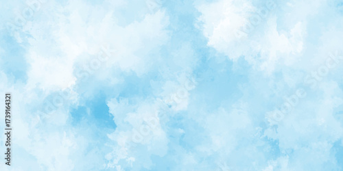 Abstract background with panorama of blue sky and white cloud nature design. horizon spring morning sky with clouds background. hand painted watercolor shades sky clouds.