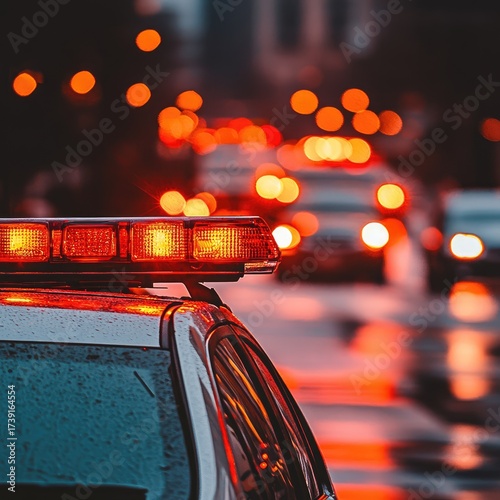 Emergency lights blur on a city street at night