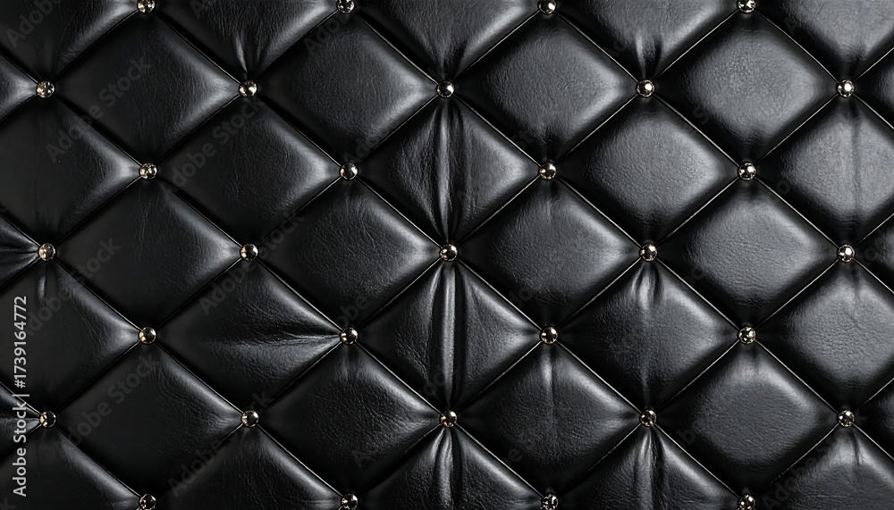 Naklejka premium Close-up view of a quilted, black leather surface with diamond-shaped patterns and golden stud details, creating a luxurious texture