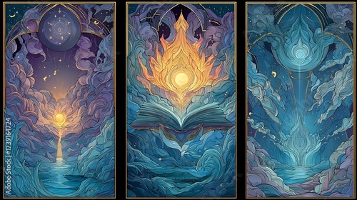 Surreal triptych of a magical book releasing cosmic light into the sky
