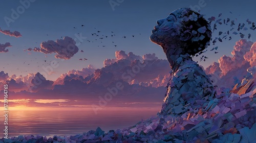 Surreal crystal-fragment woman dissolving into butterflies at sunset