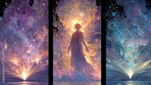Surreal triptych of a glowing figure emerging from a magical book